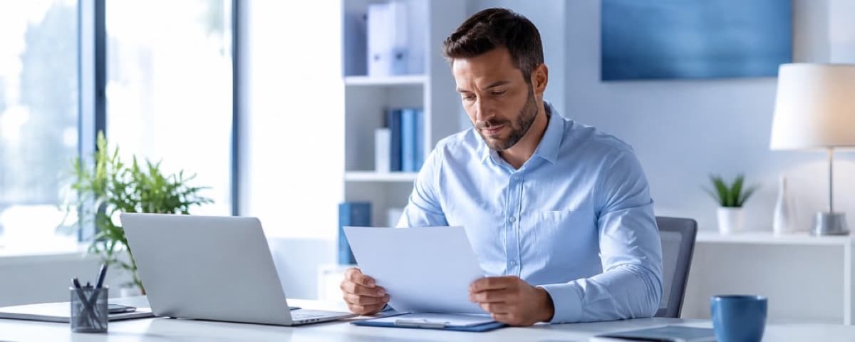 Salarié en reconversion professionnelle consultant un document au bureau, illustrant le CDD de reconversion 2026