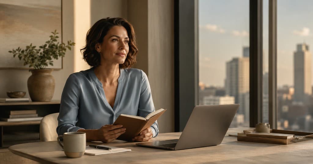 Professionnelle en reconversion qui réfléchit à son projet de carrière face à la ville depuis son bureau