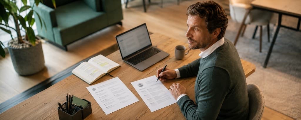 Homme en reconversion préparant sa candidature avec CV imprimés, carnet et offre d'emploi sur son bureau