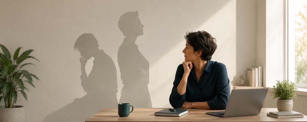 Personne en reconversion professionnelle réfléchissant face à son ordinateur, doutant de sa légitimité
