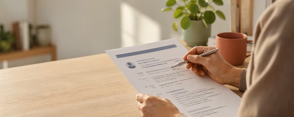 Mains annotant le haut d'un CV imprimé au stylo, sur un bureau en bois clair avec plante et tasse terracotta