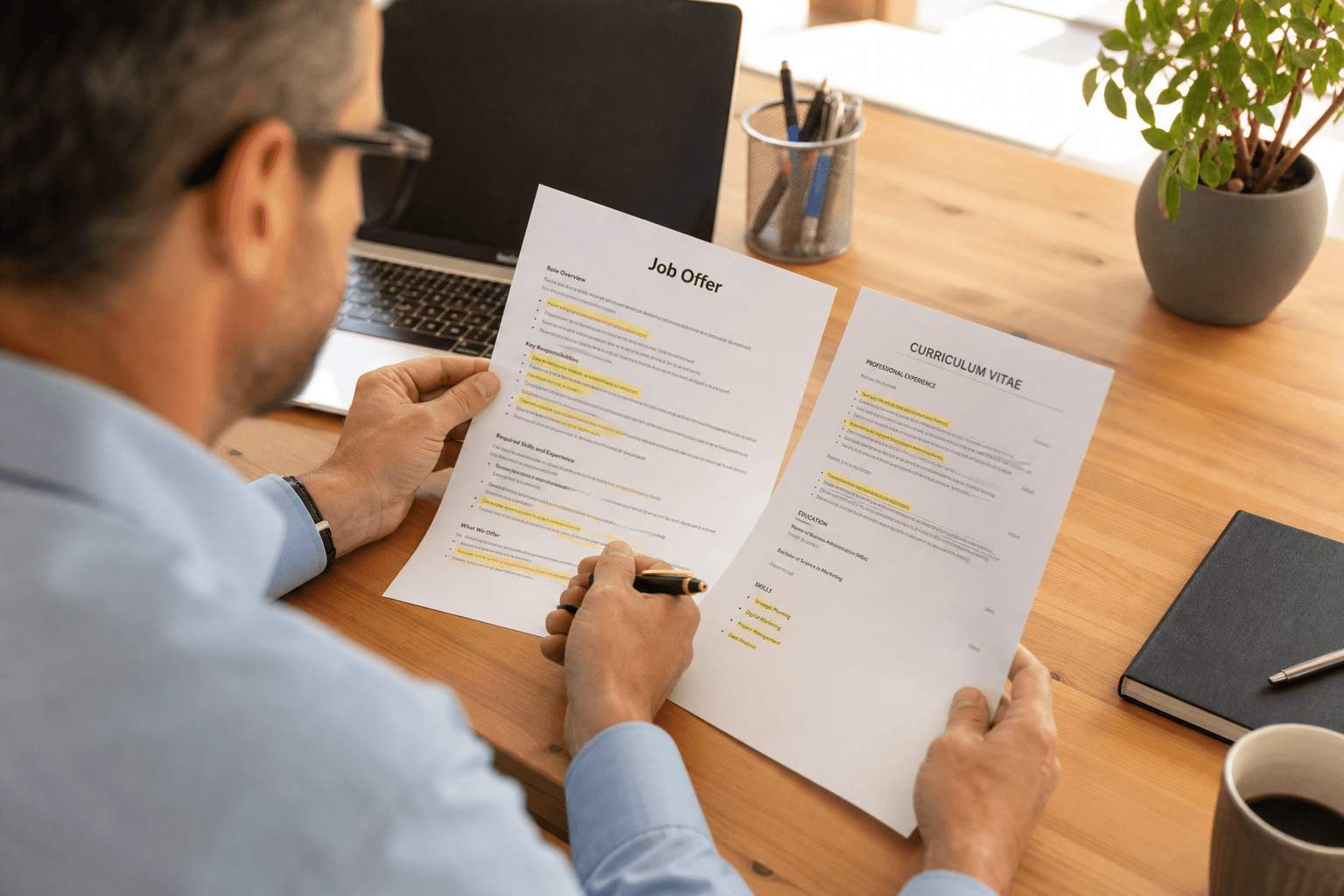 Candidat en reconversion comparant une offre d'emploi imprimée et son CV sur un bureau lumineux, surlignant des mots-clés au stylo