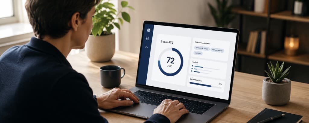 Personne en reconversion professionnelle analysant son score ATS sur un ordinateur